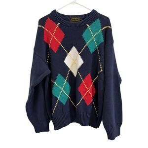 Vintage Eddie Bauer Men’s Size L Blue Argyle Pattern Cotton Knit Sweater